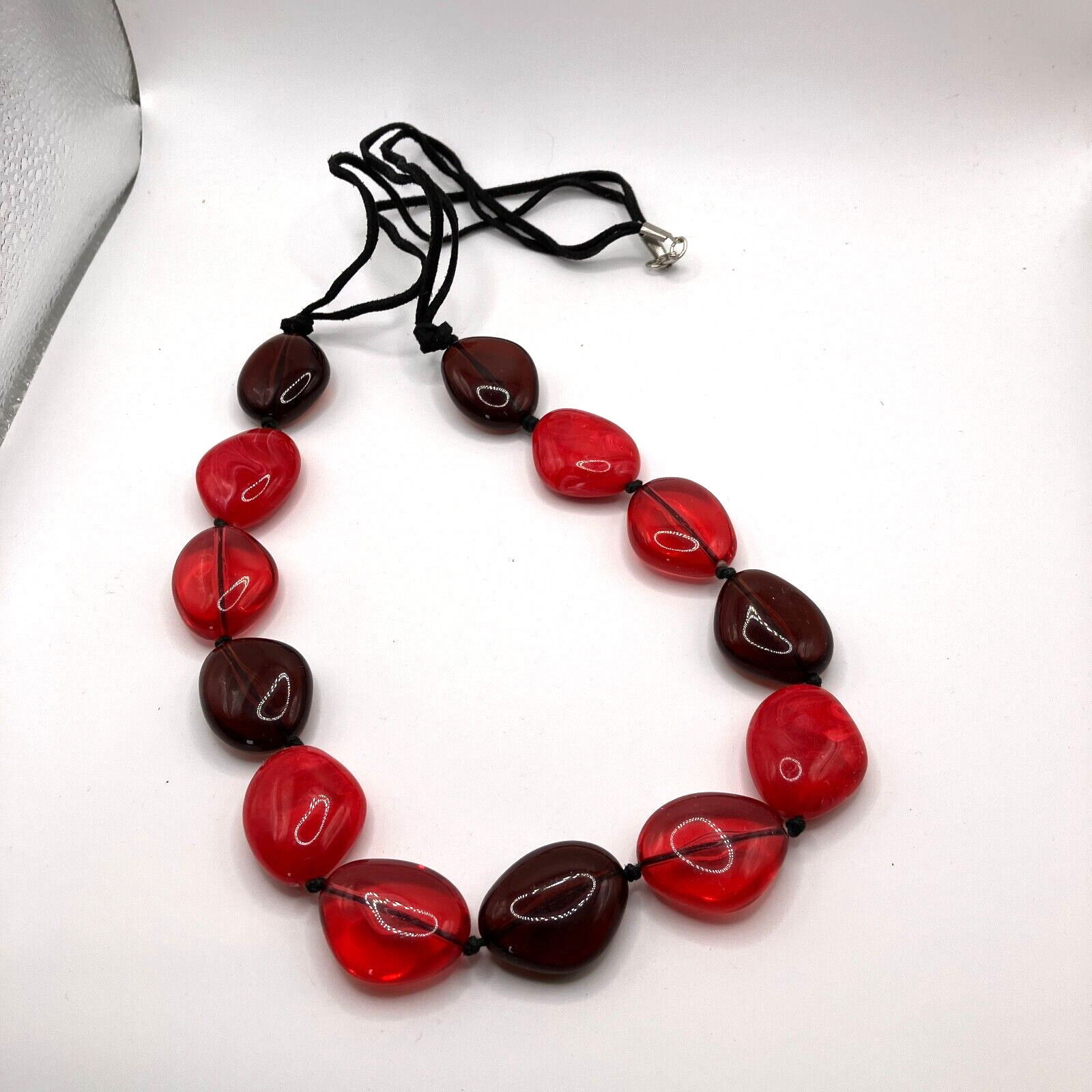 Chunky red necklace plastic bead 92cm black cord festival costume jewellery