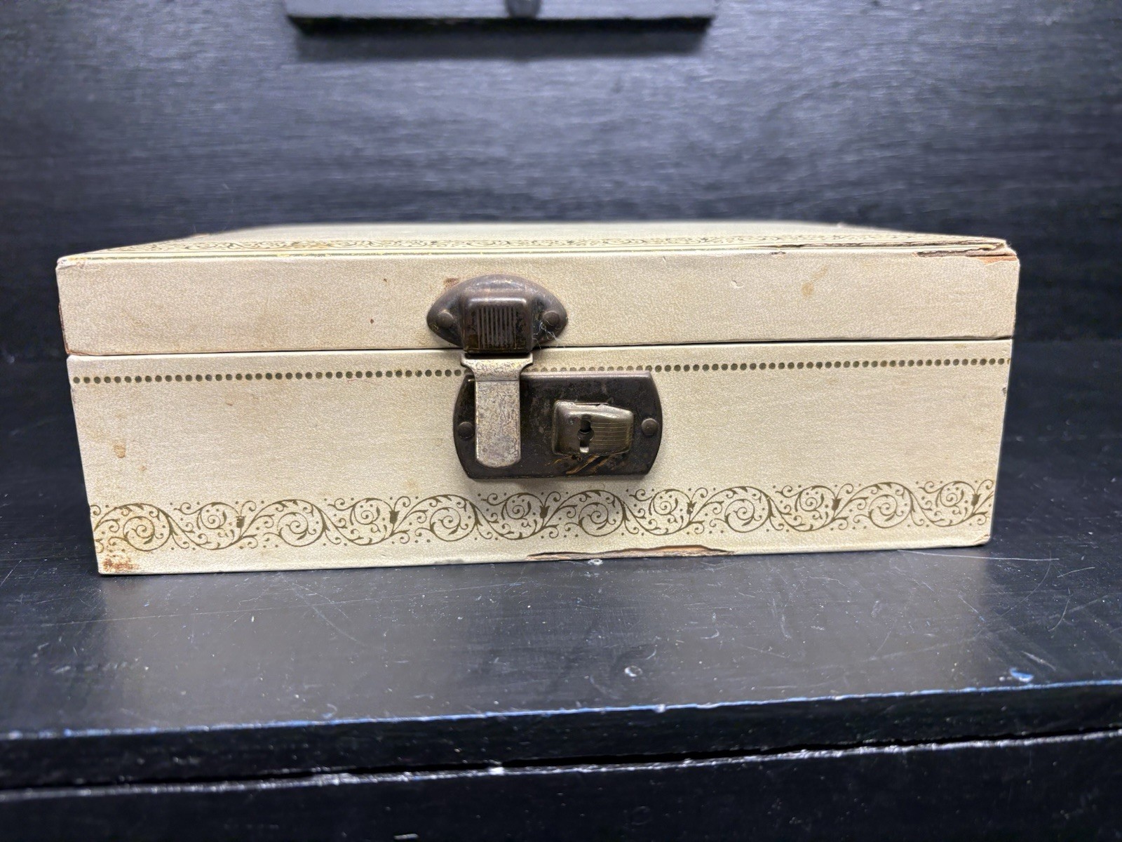 Vintage White/Cream Jewelry Box With Red Velvet Lining, Mirror And Key See Pics
