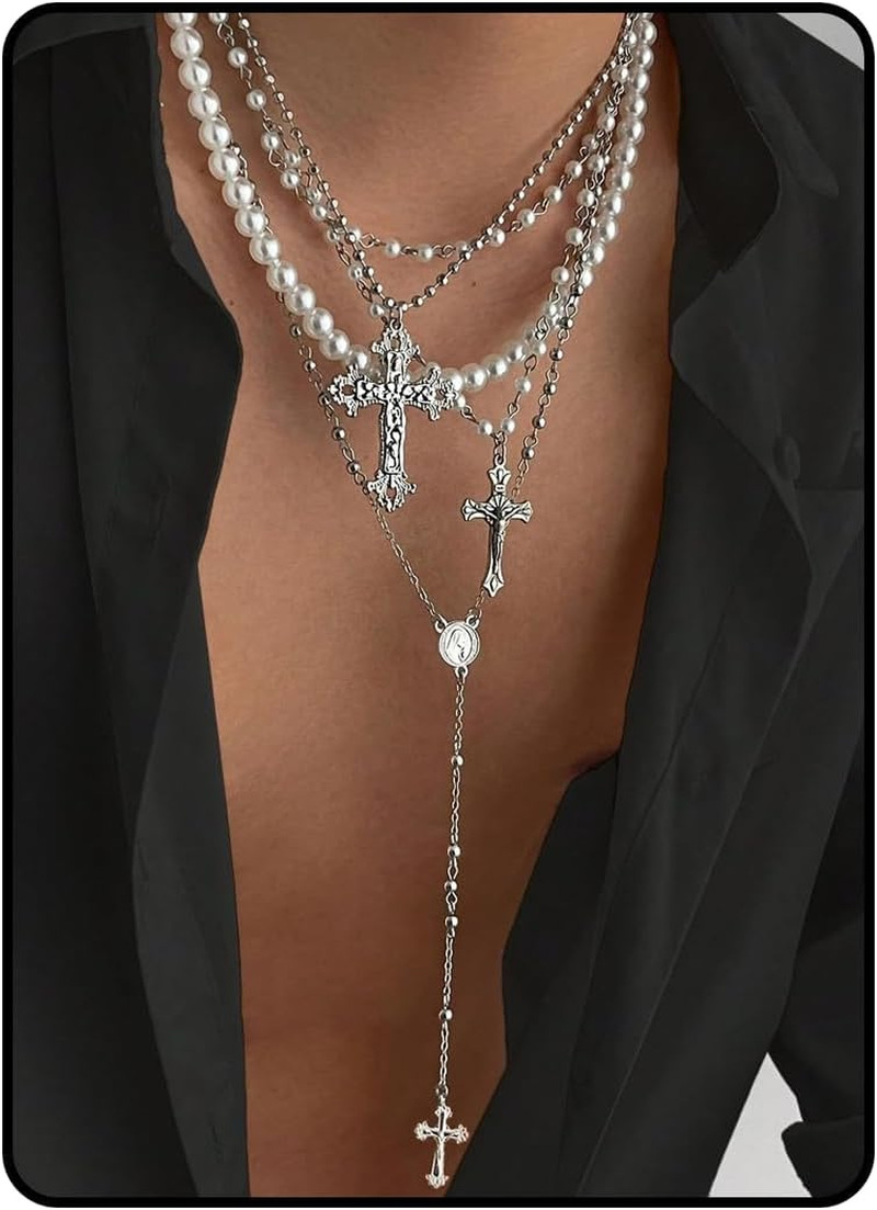 Silver Layered Cross Necklace Set for Women, 4Pcs Pearl Rosary Choker Chunky Chr