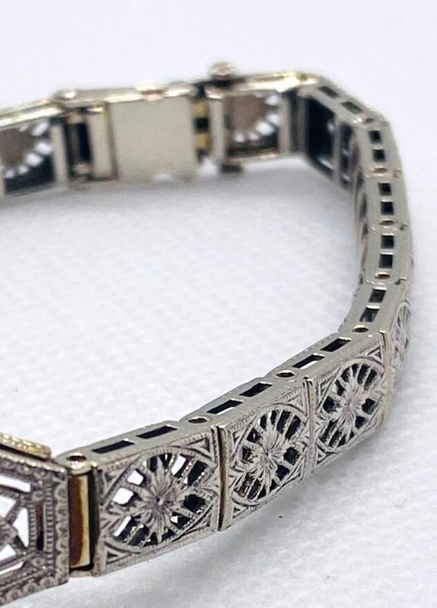14K White Gold Die Struck Art Deco Diamond and Lab Created Sapphire Bracelet 6.5