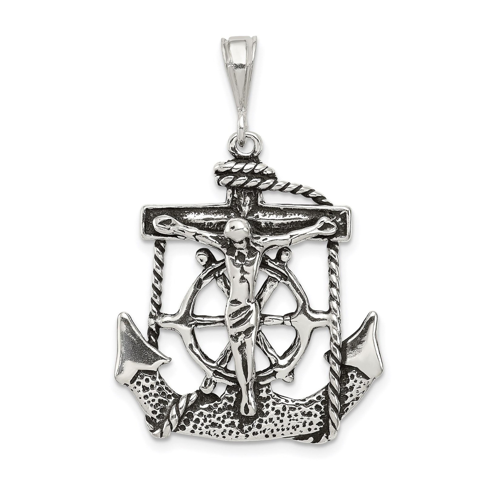 Sterling Silver Nautical Crucifix Cross Pendant Anchor Rope Ship Wheel Religious