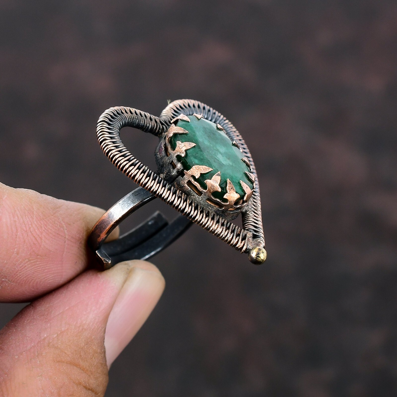 Valentines Deal Zambian Emrald Stone Copper Statement Wire Wrapped Ring Jewelry