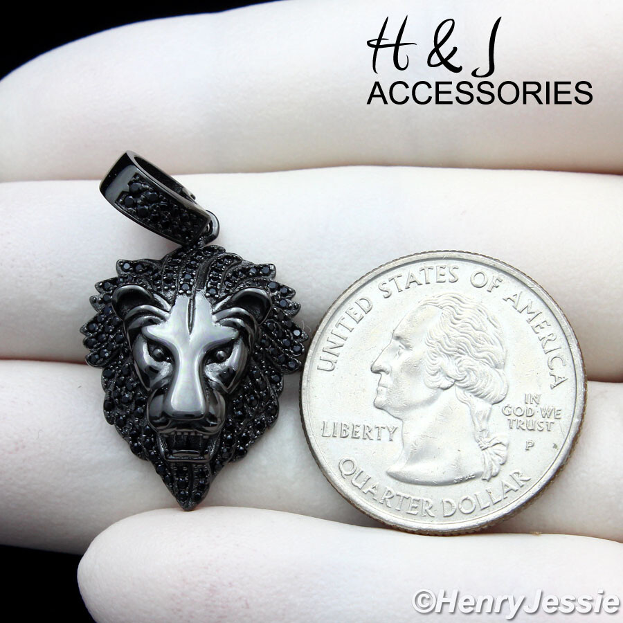 MEN 925 STERLING SILVER ICY BLING CZ BLACK PLATED LION FACE CHARM PENDANT*ABP185