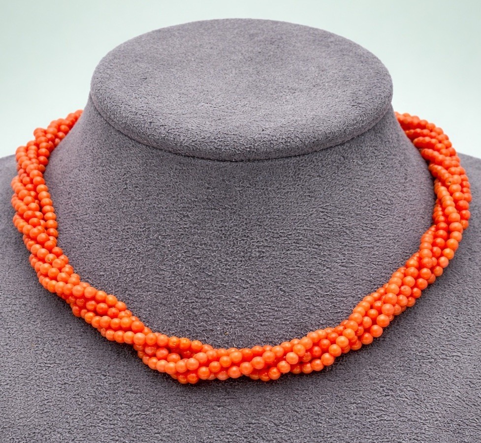 Natural Mediterranean Coral Necklace 5 Strands Tea Towel 925 Silver Made In Italy