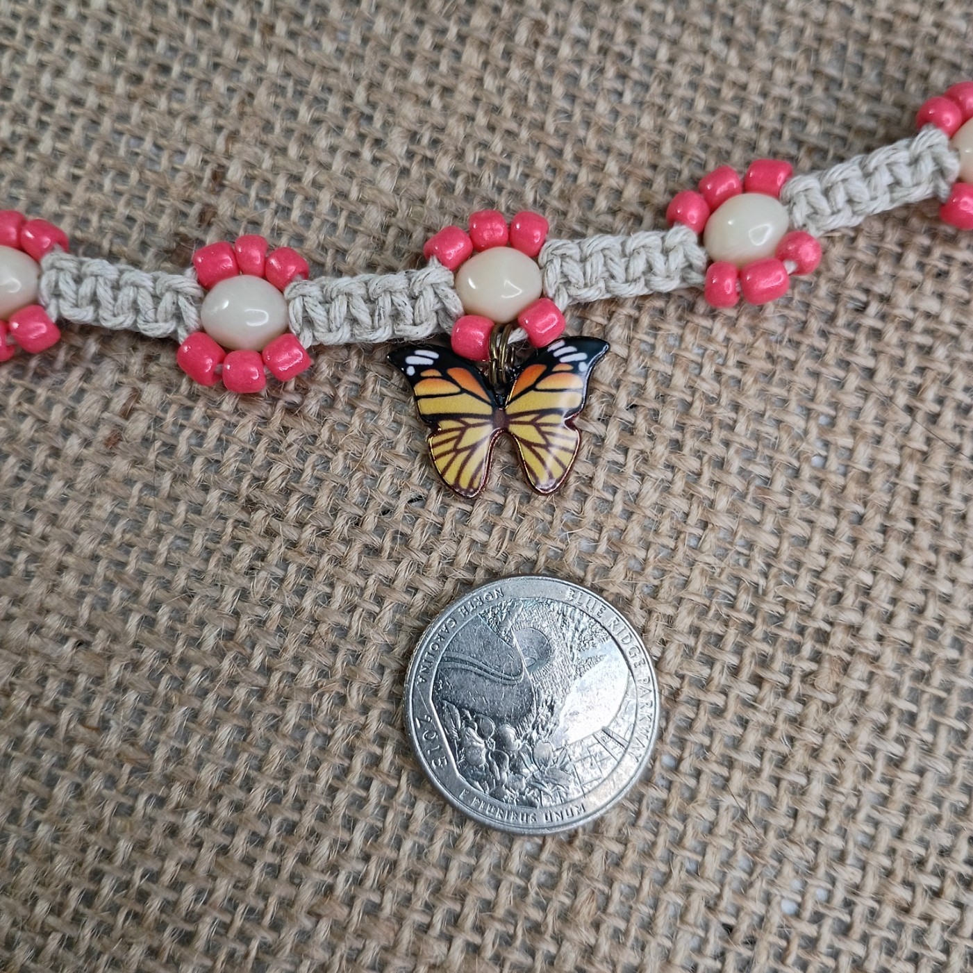 Natural Hemp Necklace w/ Butterfly Charm & Glass Beads, 17-22 inch Ready to Ship