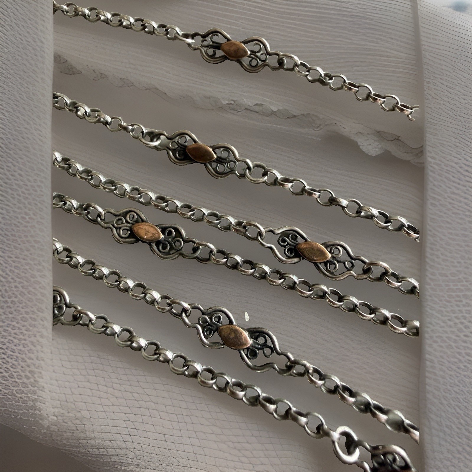 Antique Scandinavian Silver & Copper Long Guard/Sautoir Chain, 32” 13g