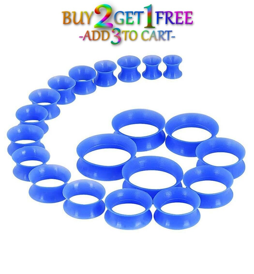 Pair 8g-40mm BLUE SILICONE EARSKIN TUNNELS Double Flare Gauges Thin Flesh 1020