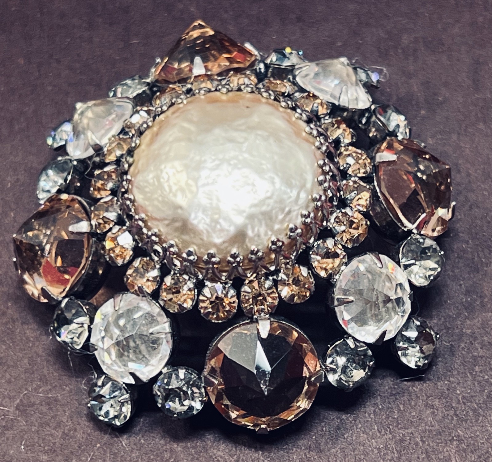 Ravishing, Big Signed Schreiner NY Brooch: Beige & Gray Stones & Mabe Pearl