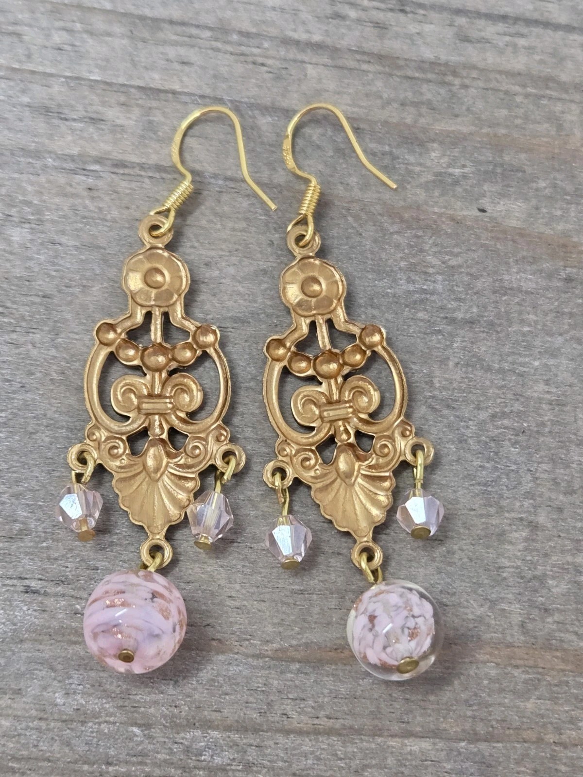 Light Pink Gold Murano Glass & Pink Crystal Dangle Drop Earrings Vintage 2 Inch