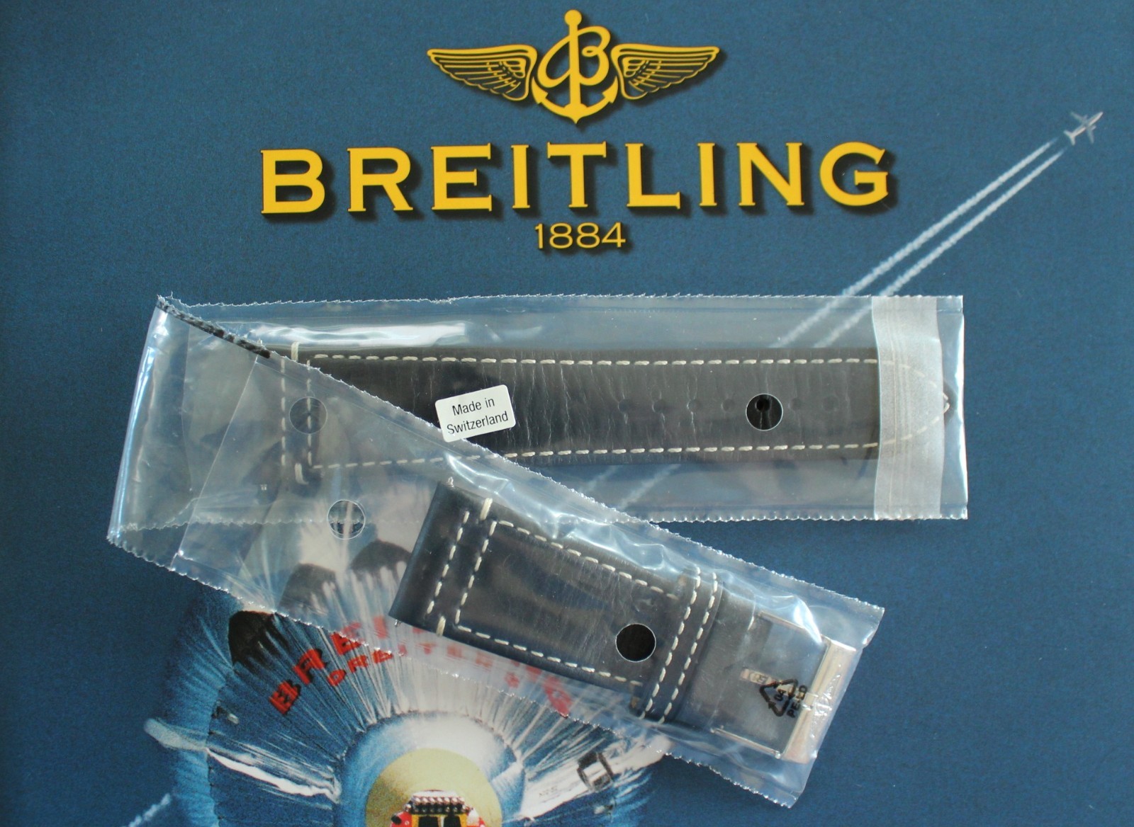 BREITLING 548X 24-20 BLACK AVIATOR TONGUE CALF BUCKLE WATCH BAND WATCHBAND STRAP