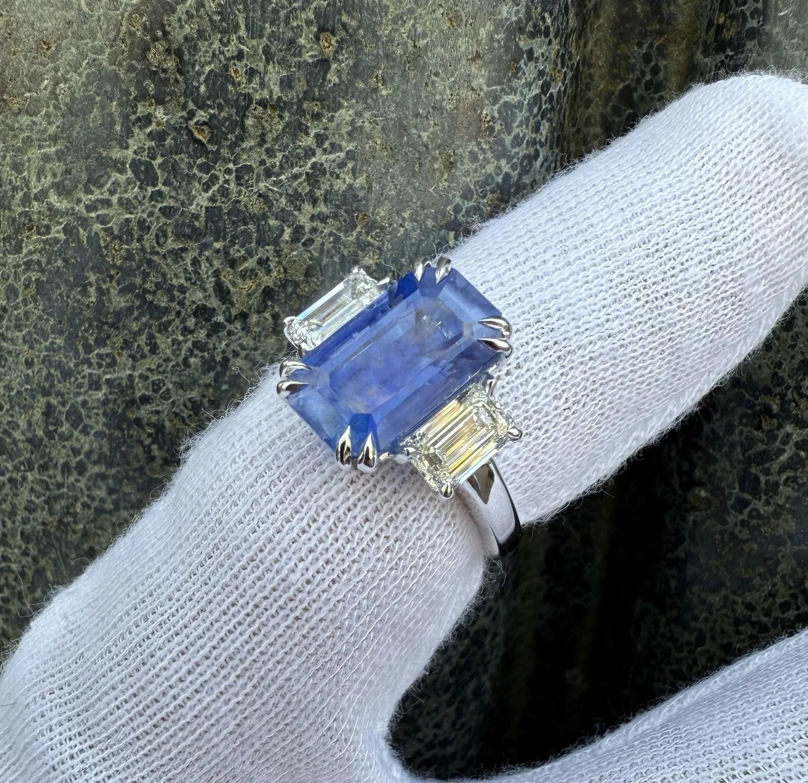 4.80Ct Emerald Cut Natural Sapphire Diamond Wedding Ring 14K White Gold Size 6 7
