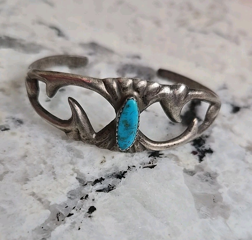 Vintage Sandcast Nickle Silver Cuff Bracelet With Oval Turquoise Stone 5.5″