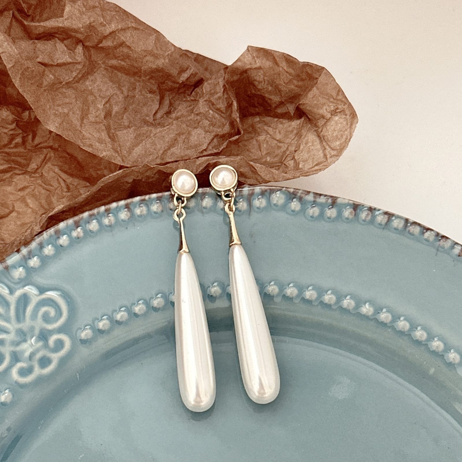 Water Drop Simulated Pearl Dangle Earrings Gold Tone Long Drop Wedding Jewelry