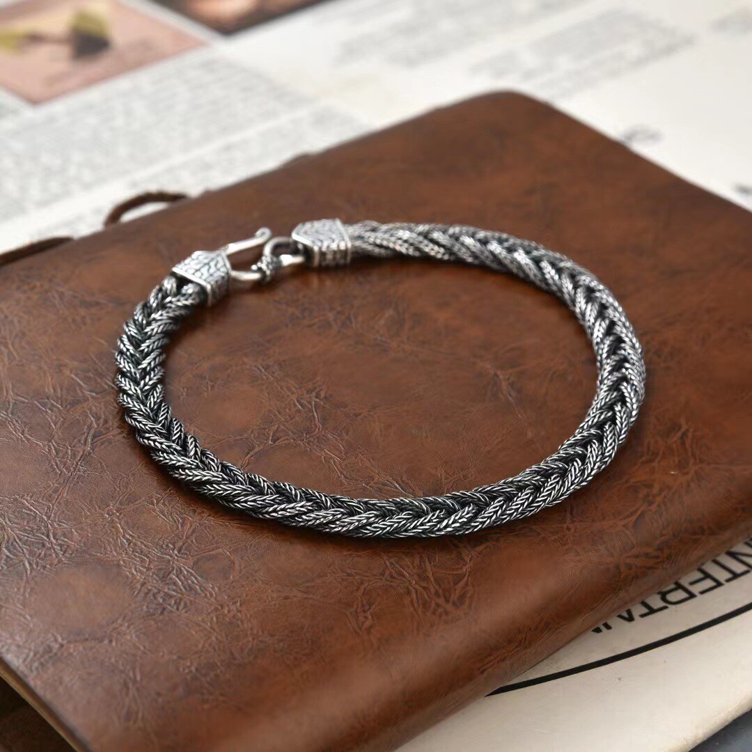 Real S925 Sterling Silver Man’s Women 6mm Fox Taill Twist Link Bracelet