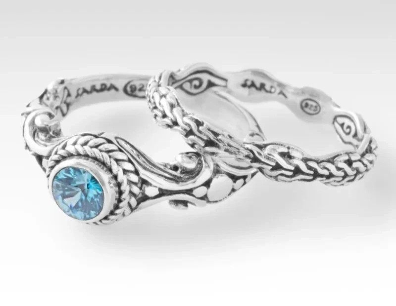 Sarda Love One Another Ring Sz. 8 Set of 2 in Blue Zircon #30