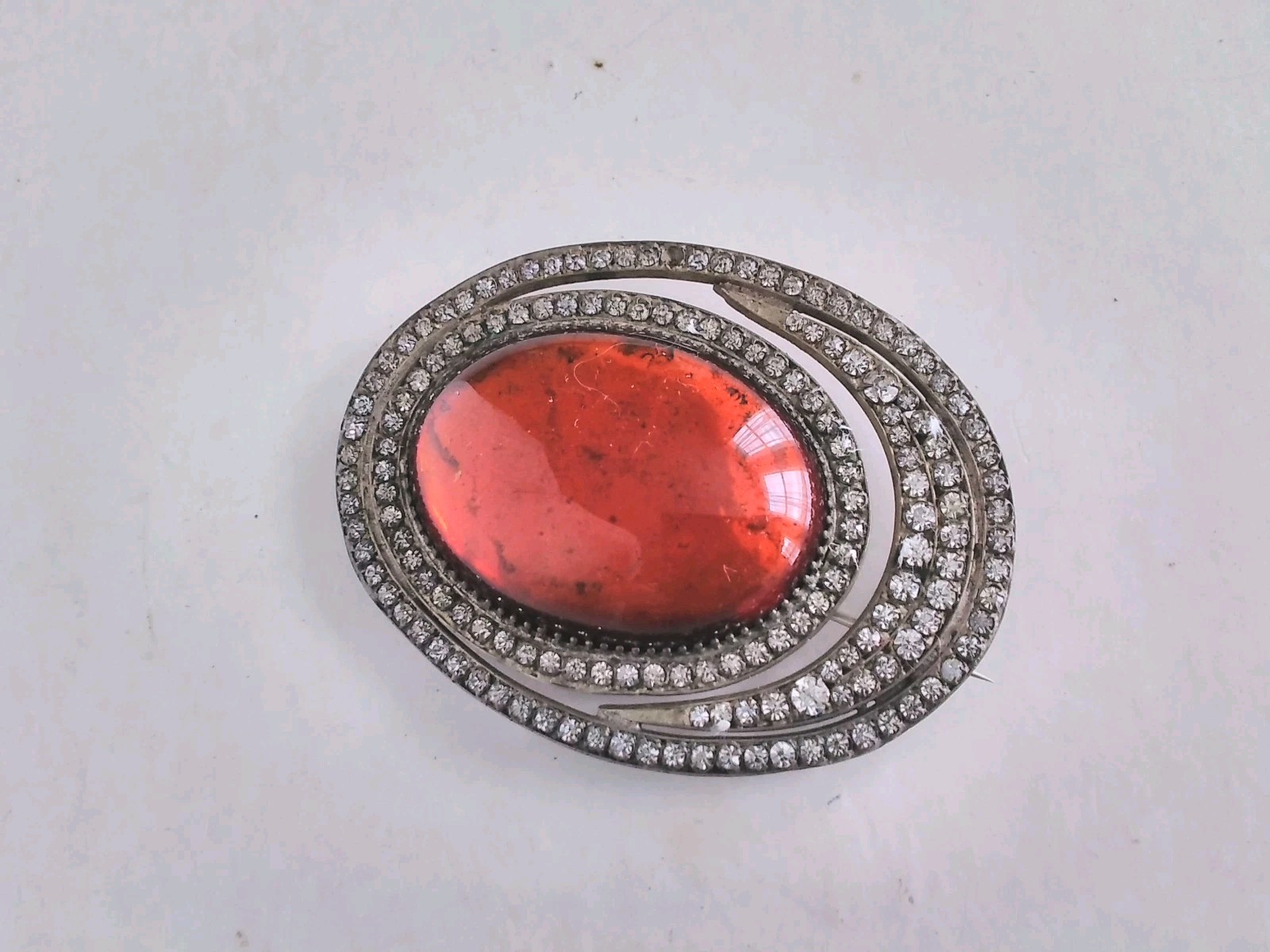 ANTIQUE BROOCH HUGE AMBER COLOUR CABOCHON & DIAMANTE A/F