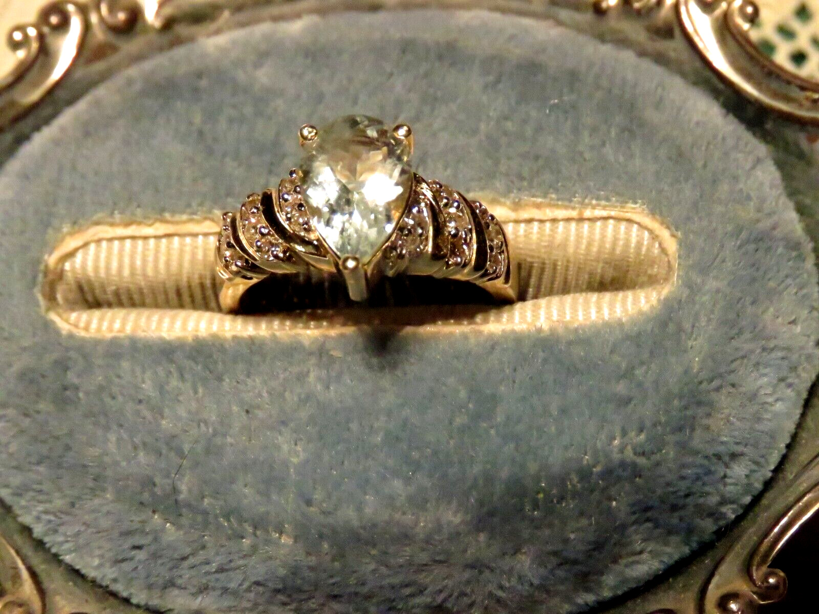 Solid 14k Yellow Gold Big 10 x7 Aquamarine 18 Diamonds Cocktail Ring 6.5 * 5.7gr