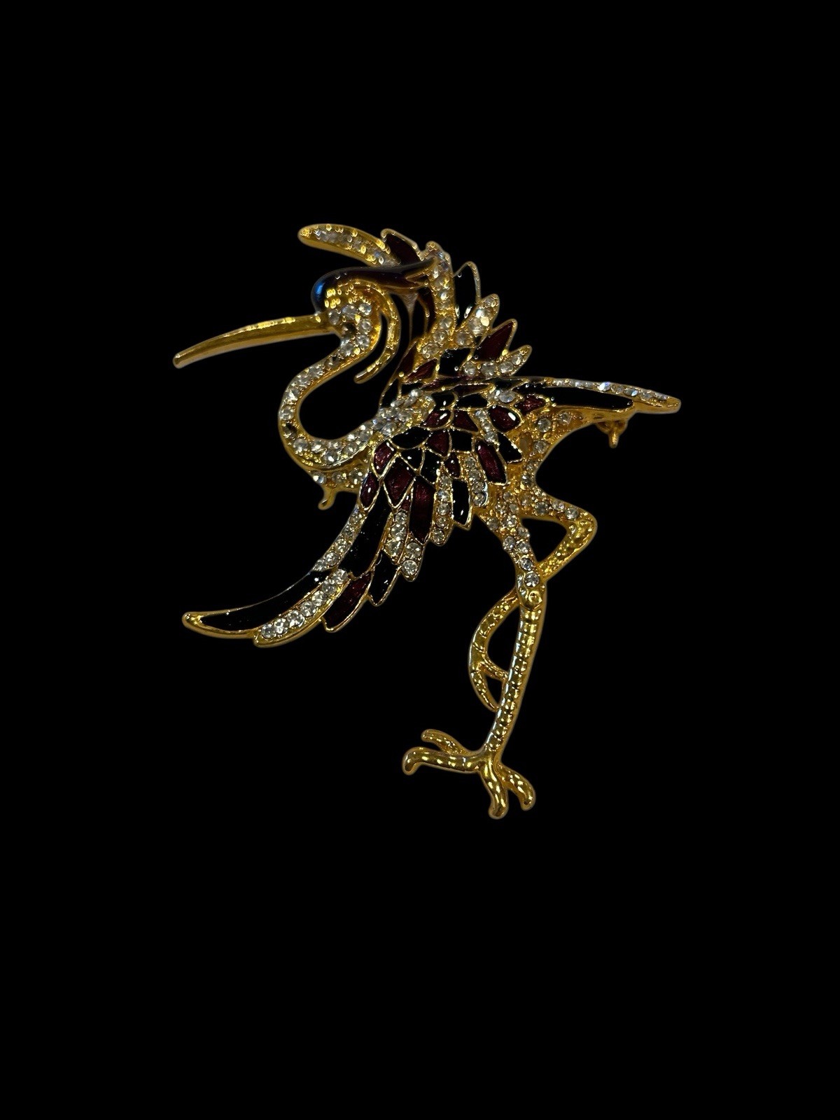 Vtg 4″ D’Orlan Rhinestone Maroon Black Enamel Heron Bird Pin Brooch Unmarked
