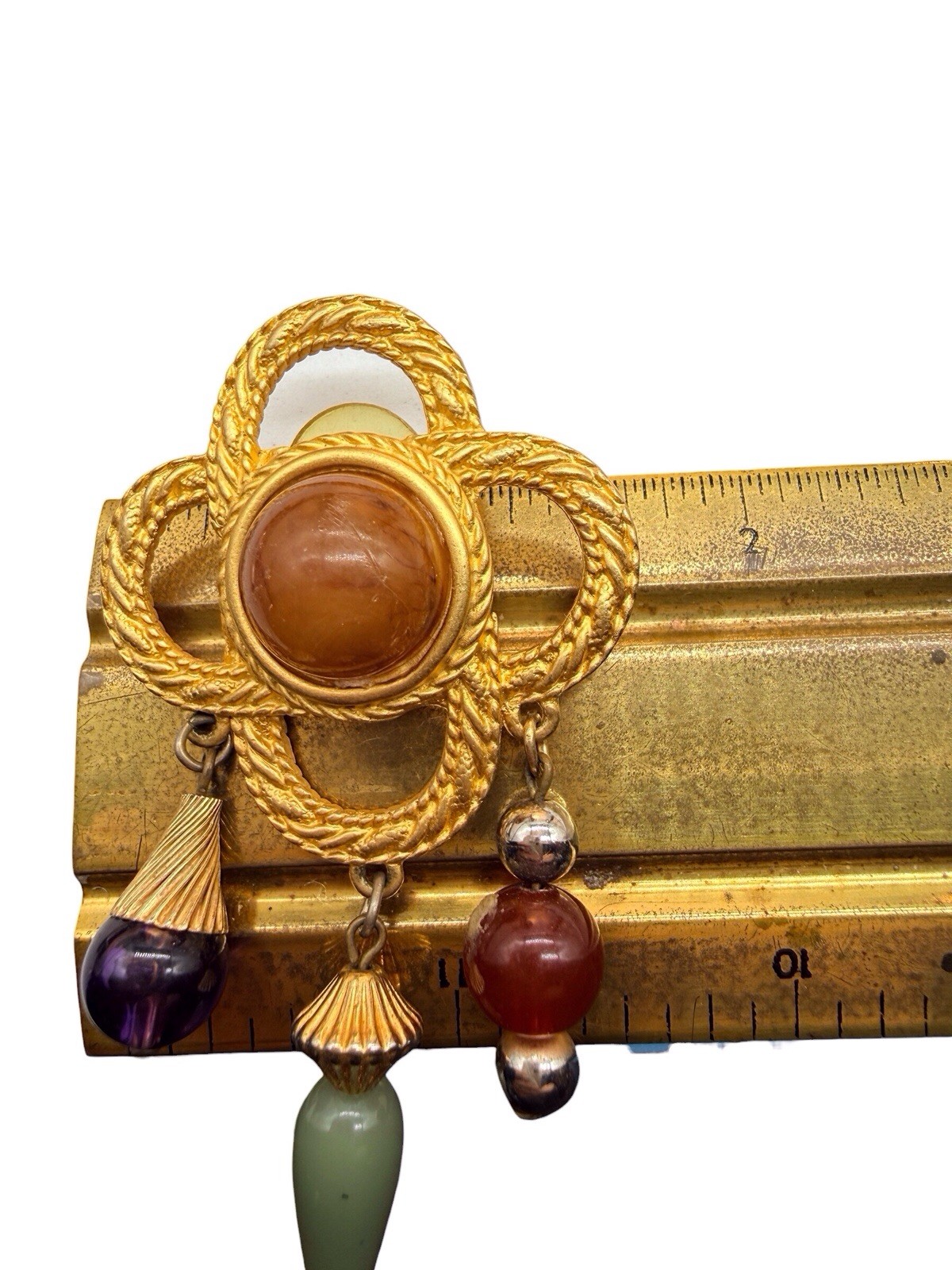 JJ Jonette Signed Earrings VTG 80s Large Etruscan Rev Faux Stone Dangles Gold 9