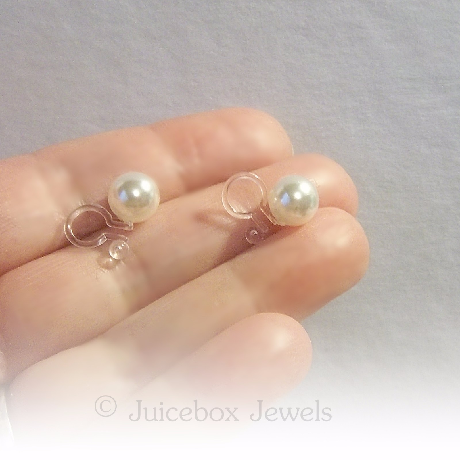 Invisible 8mm Faux White Pearls, Round Clip On Stud Non-Pierced Earrings Y187