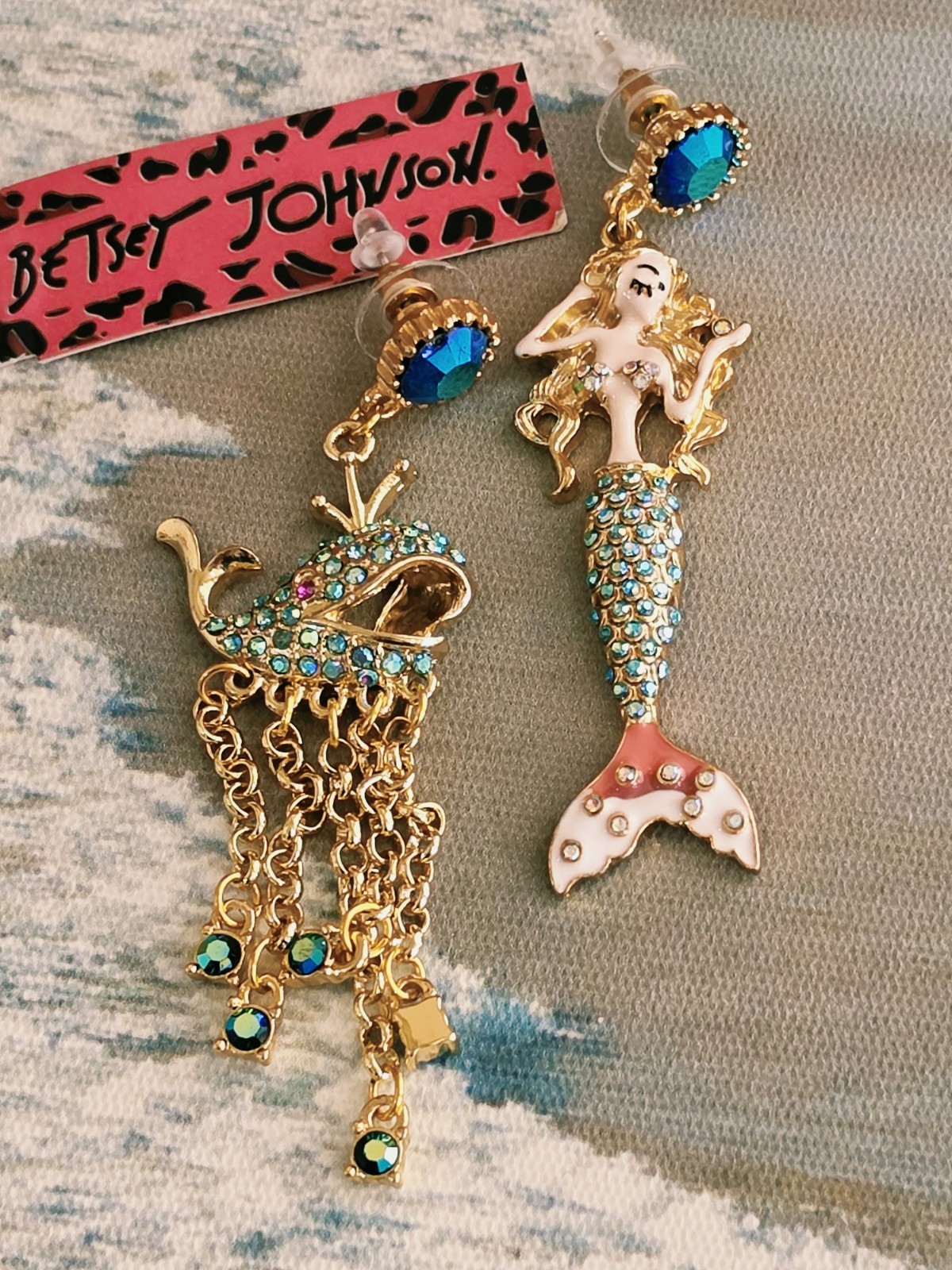 Betsey Johnson Mermaid Whale Asymmetrical Dangle Earrings Iridescent Crystal NWT