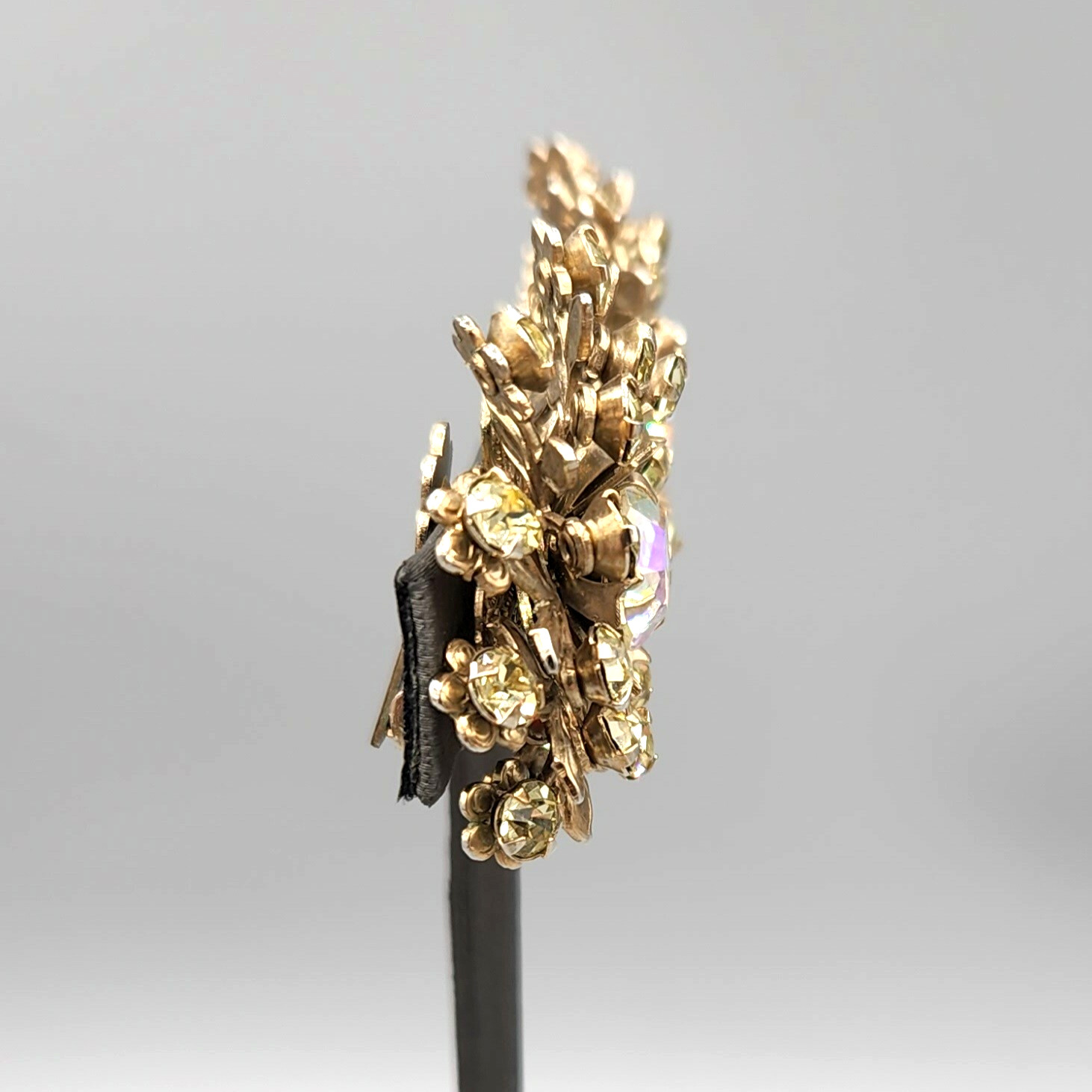 Large Jonquil and Aurora Borealis Rhinestone Gold Tone Fiigree Clip Earrings