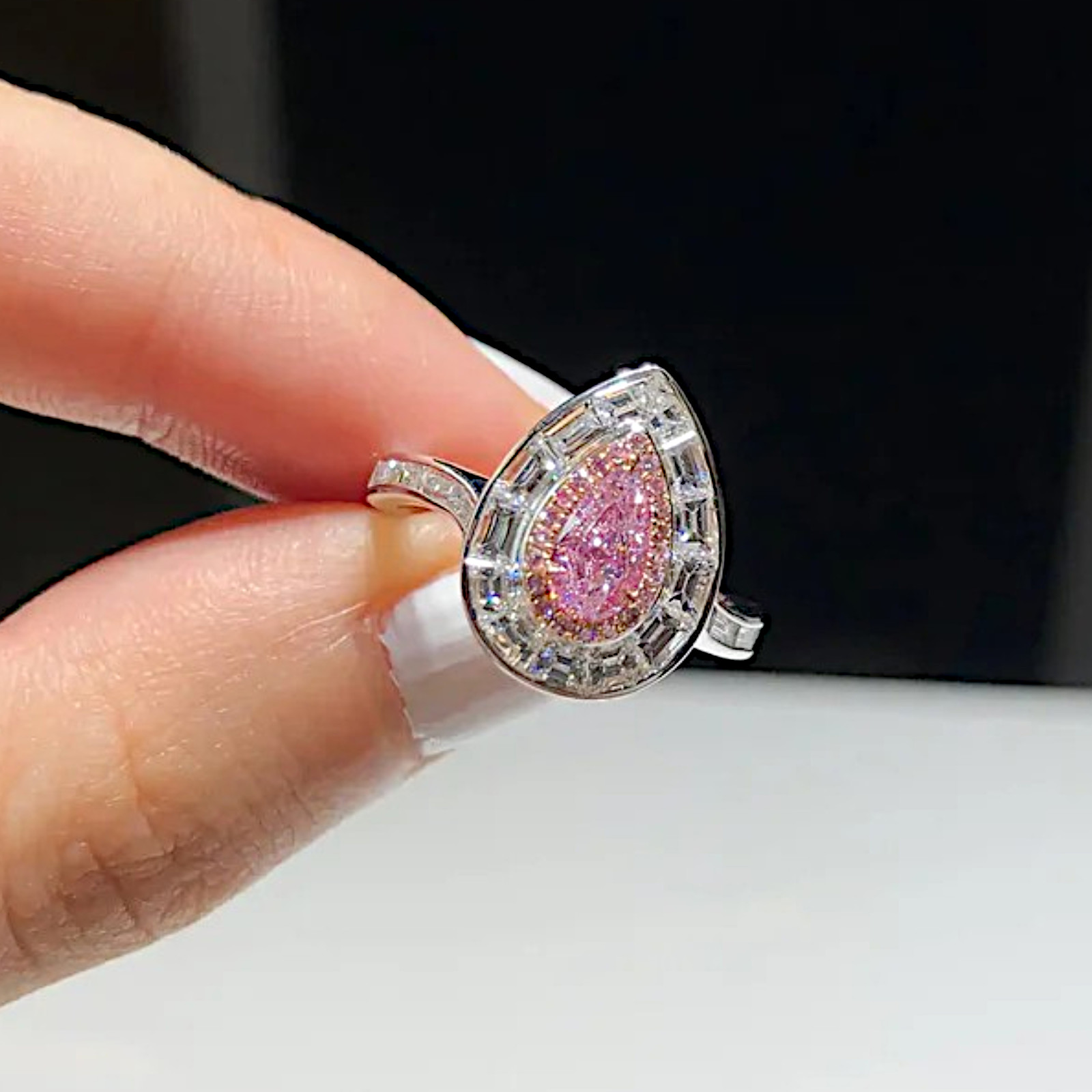 3.65 Carat Fancy Vivid Pink Pear Cut IGI Lab Created Diamond Ring 14k Multi Gold