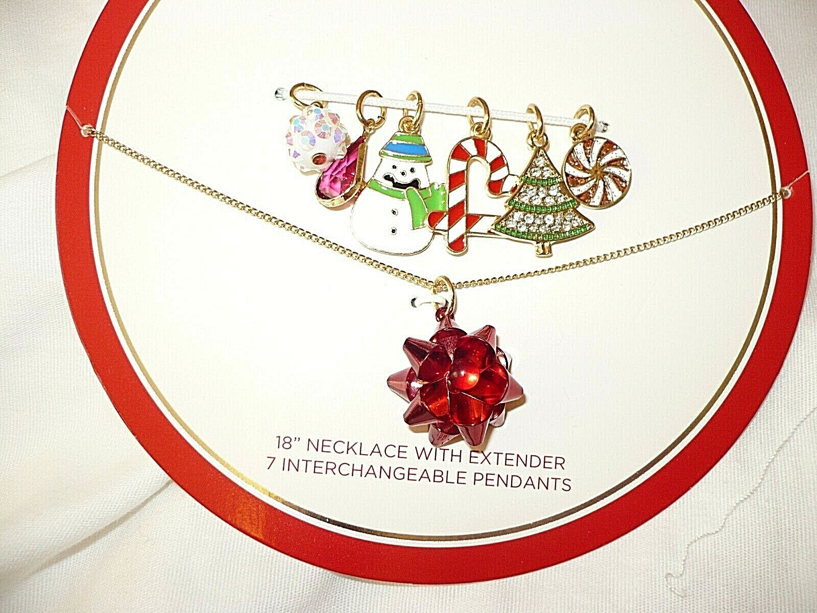 Holiday Time Women’s Fashion Jewelry Gold Tone 18″ Necklace W 7 Pendants Red Bow