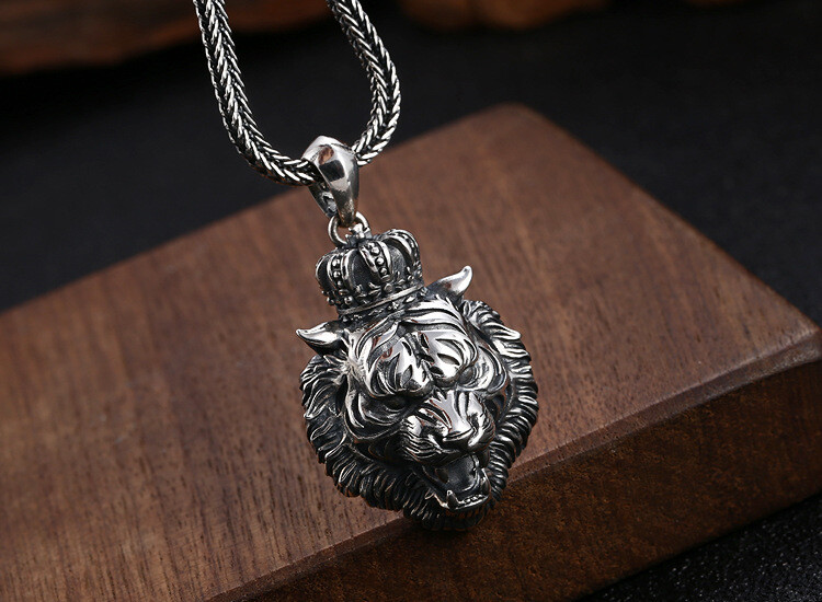1PC S925 Silver CROWNED TIGER KING Pendant Roaring Gothic Biker Mens 15g STAMPED