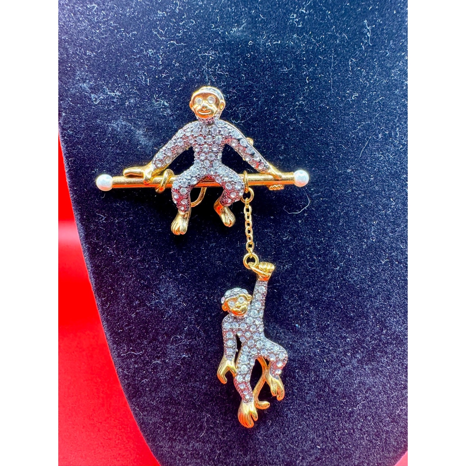 Vintage Rhinestone Monkeys Brooch Pin Dangle Articulated Gold Tone Faux Pearl