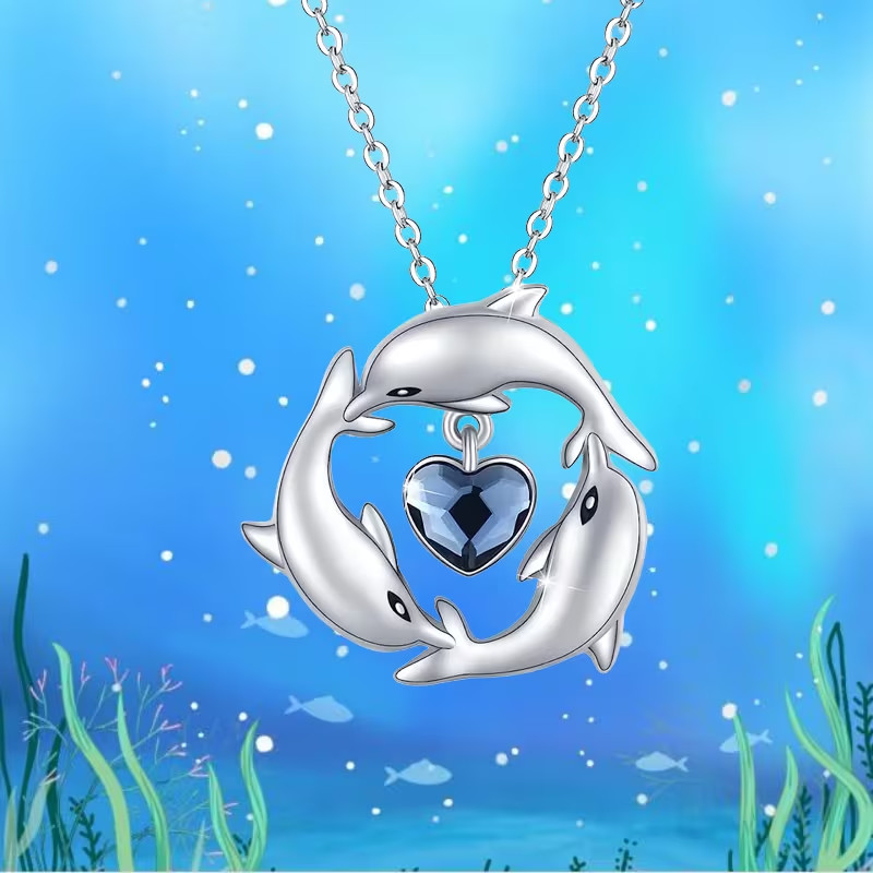 elegant family of Dolphins Pendant Necklace with gift box