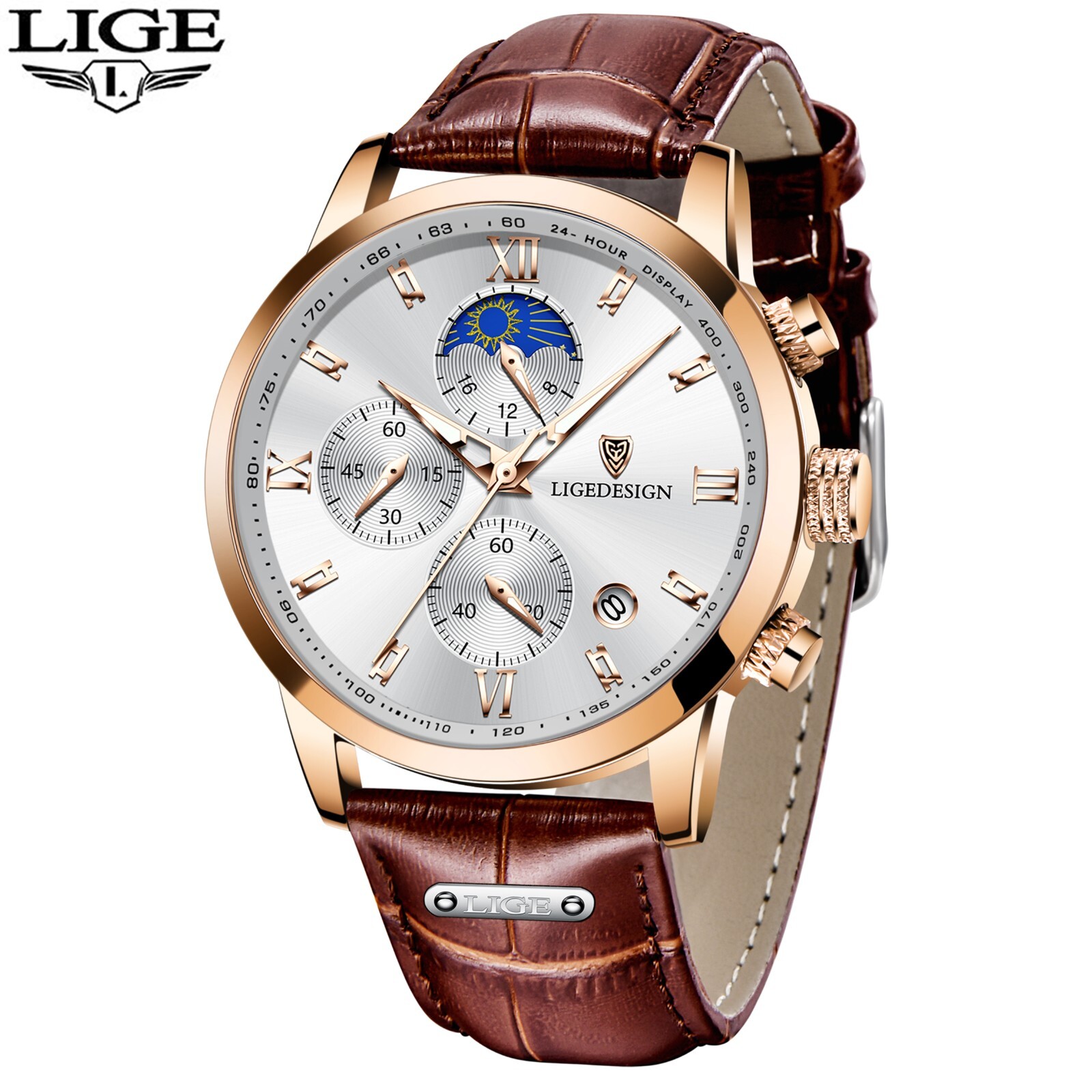 NEW Men’s Watch Quartz Luminous Brown Leather Band Classic Wristwatch Waterproof