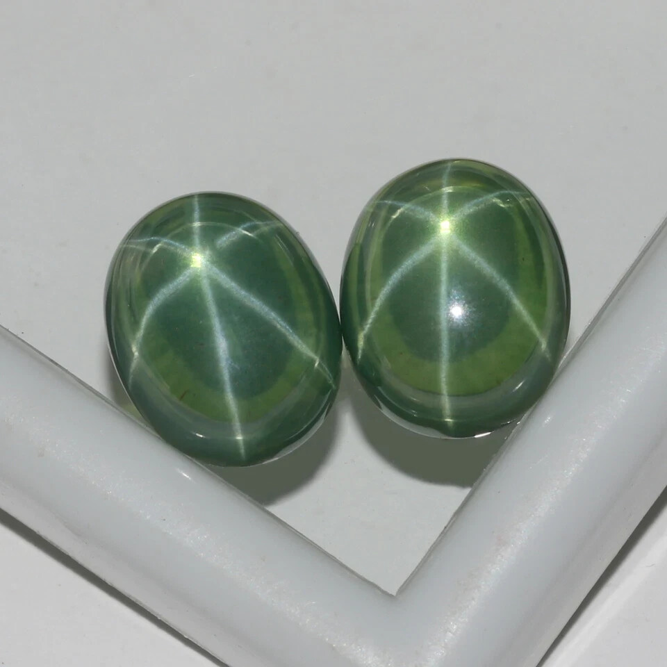 Natural Genuine 6 Rays Green Star Sapphire 17.70 Ct. Oval Shape Loose Gems Pair