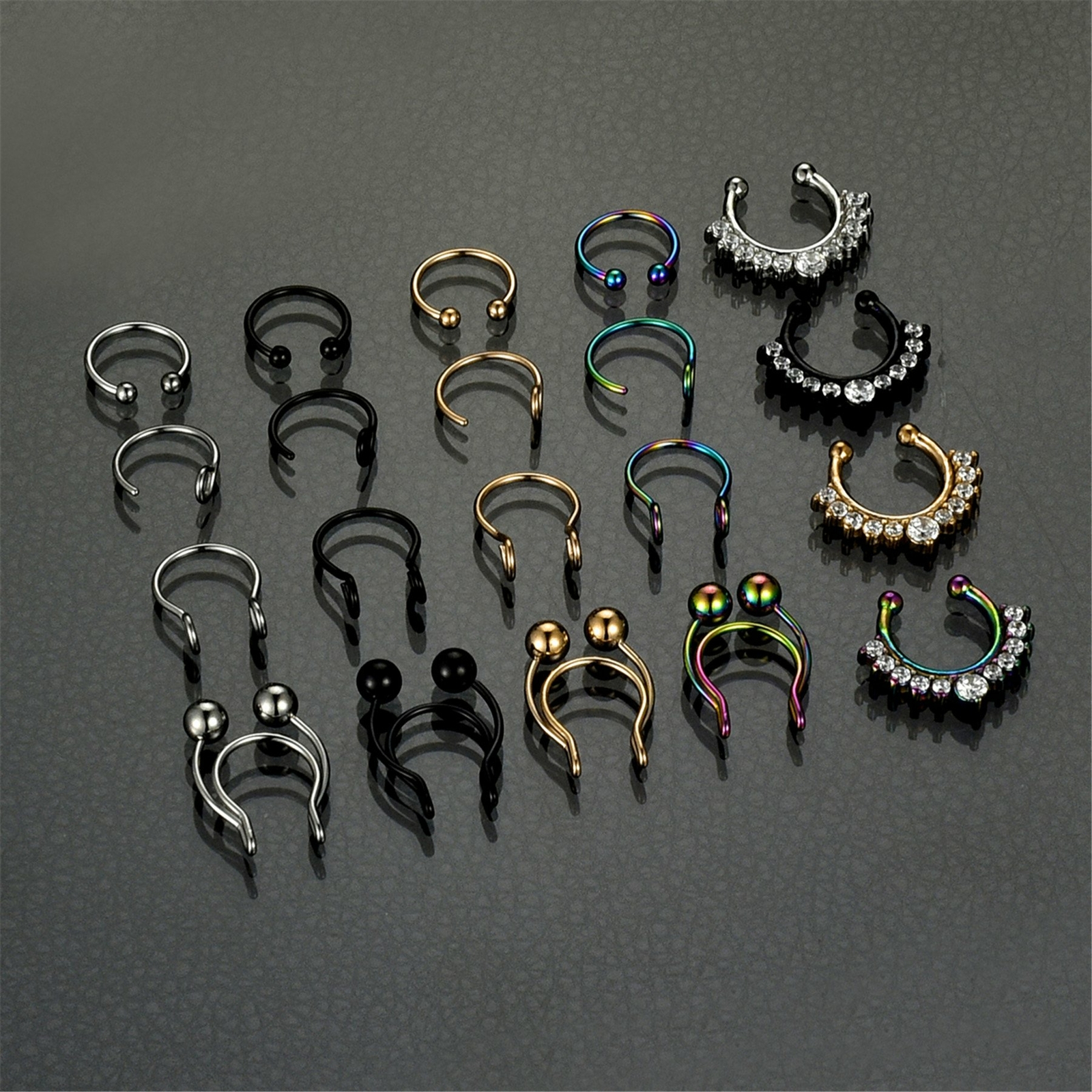 20Pc 20G Fake Septum Hoop Rings Lip Ear Nose Clip Ring Stainless CZ Non Piercing