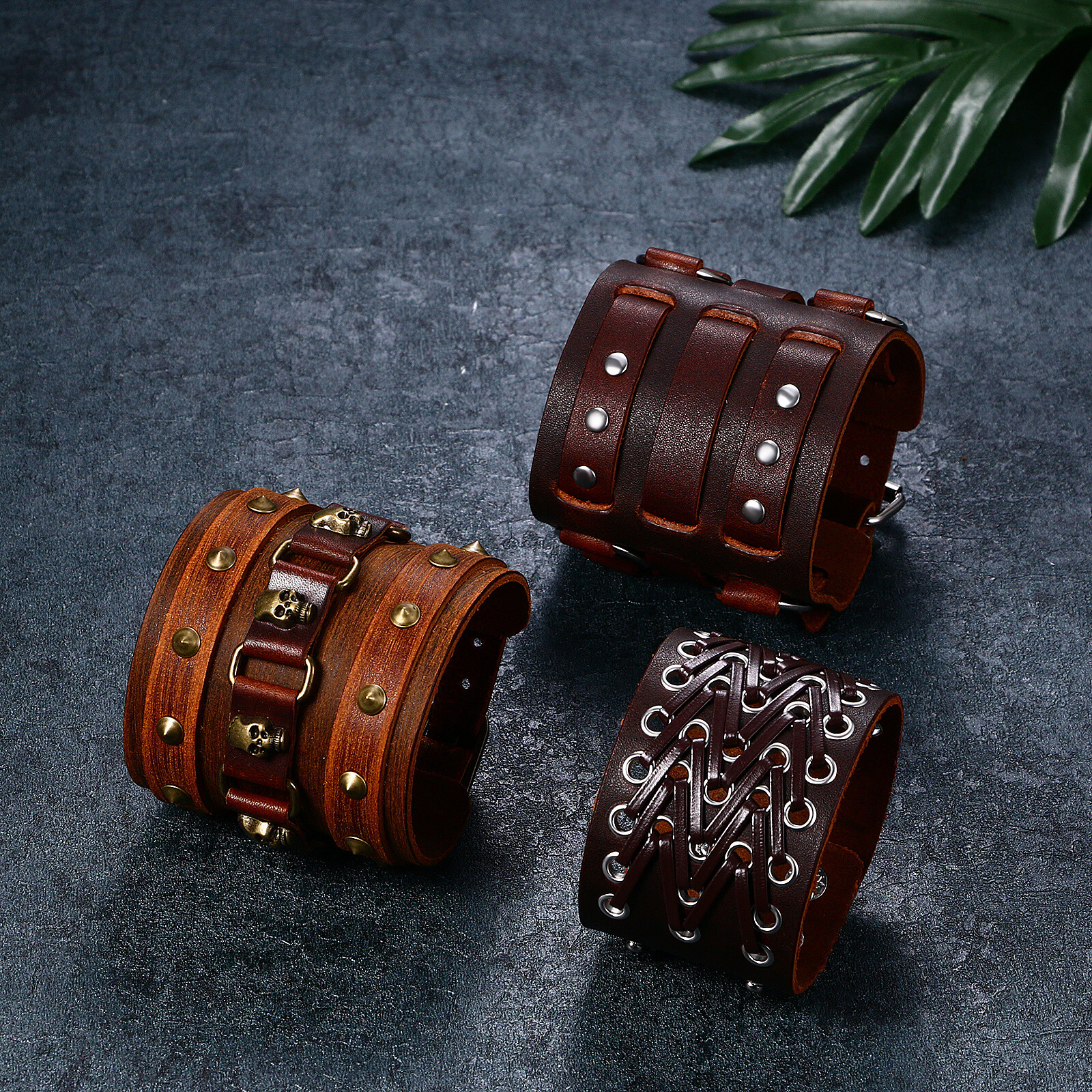 Mens Punk Wide Braided PU Leather Bangle Wrap Bracelet Adjustable Cuff Wristband