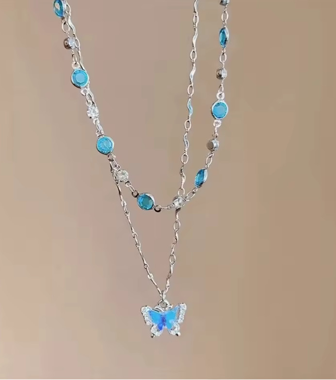 Romantic Blue Crystal Butterfly Necklace For Women Girls Simple Shiny Zircon Two