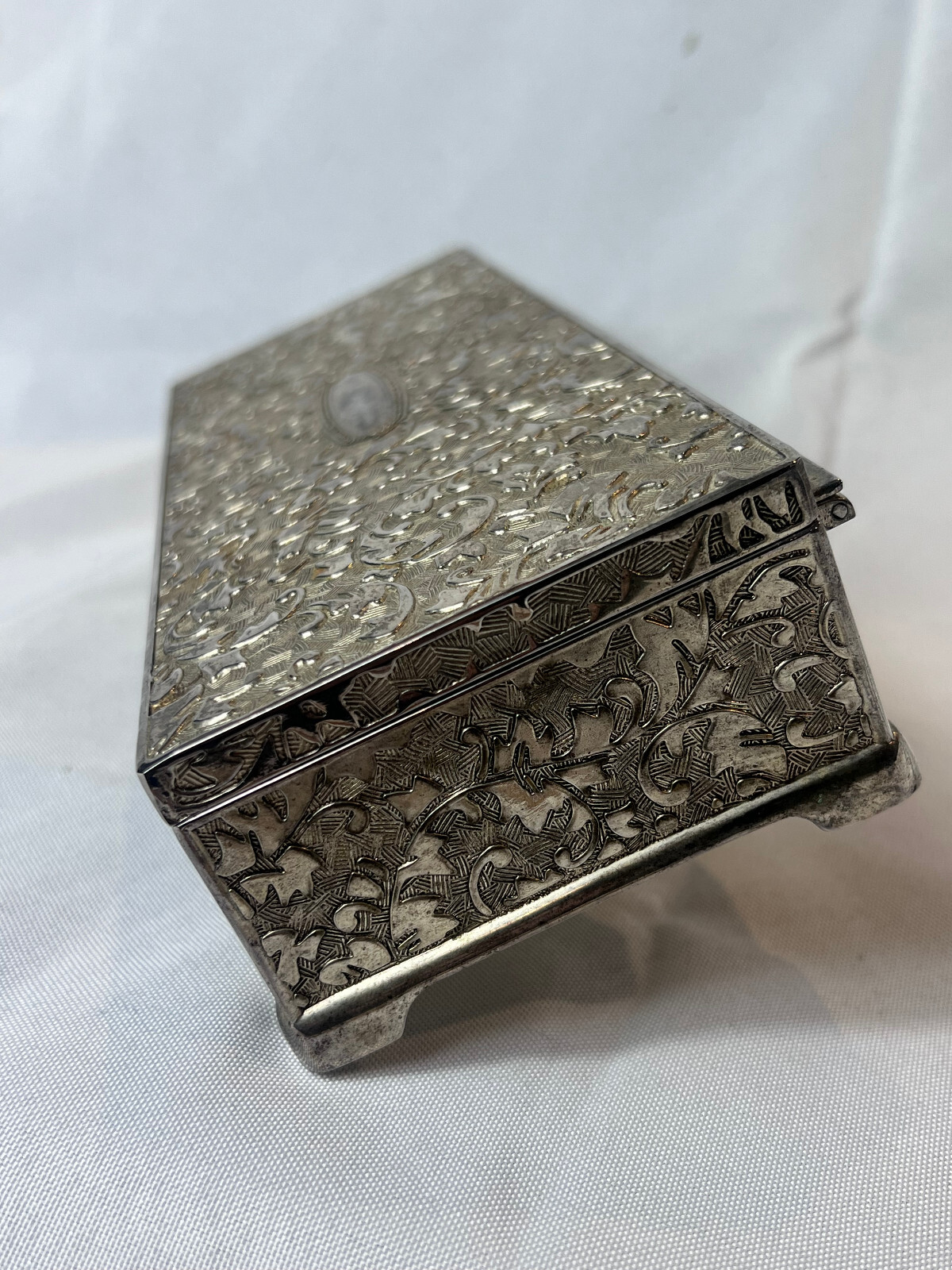Vtg Silver Tone Jewelry Box Mirrored Dresser Vanity Table Top Lined Case