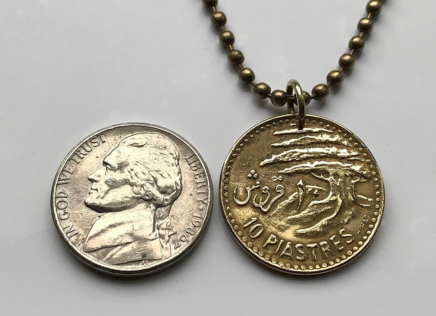 1955 Lebanon Liban coin pendant Lebanese ship cedar tree Beirut Tripoli n002418