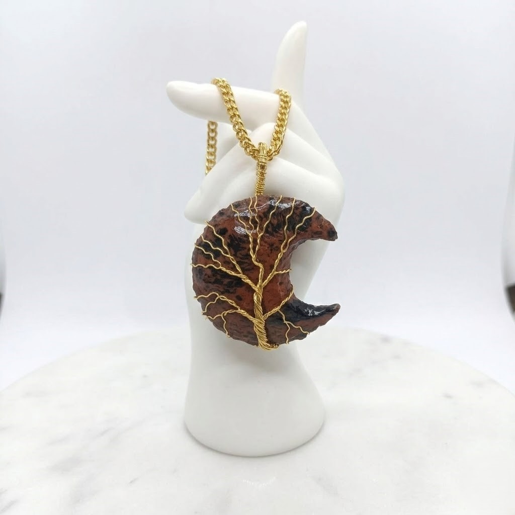 Crescent Moon Jasper Pendant 40-45Ct | Tree of Life Gold Wire Wrap Necklace