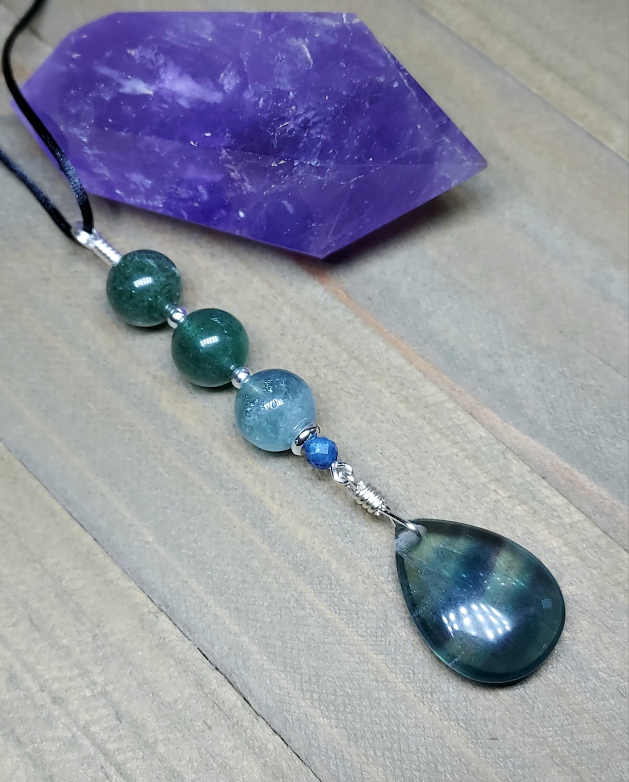 Blue Fluorite Pendant With Green Strawberry Quartz, Colorful Artisan Crafted