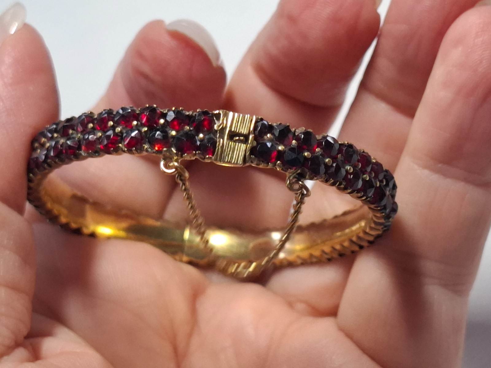 Solid Antique Gold Plated Bangle With Safety Clasp Red Garnets
