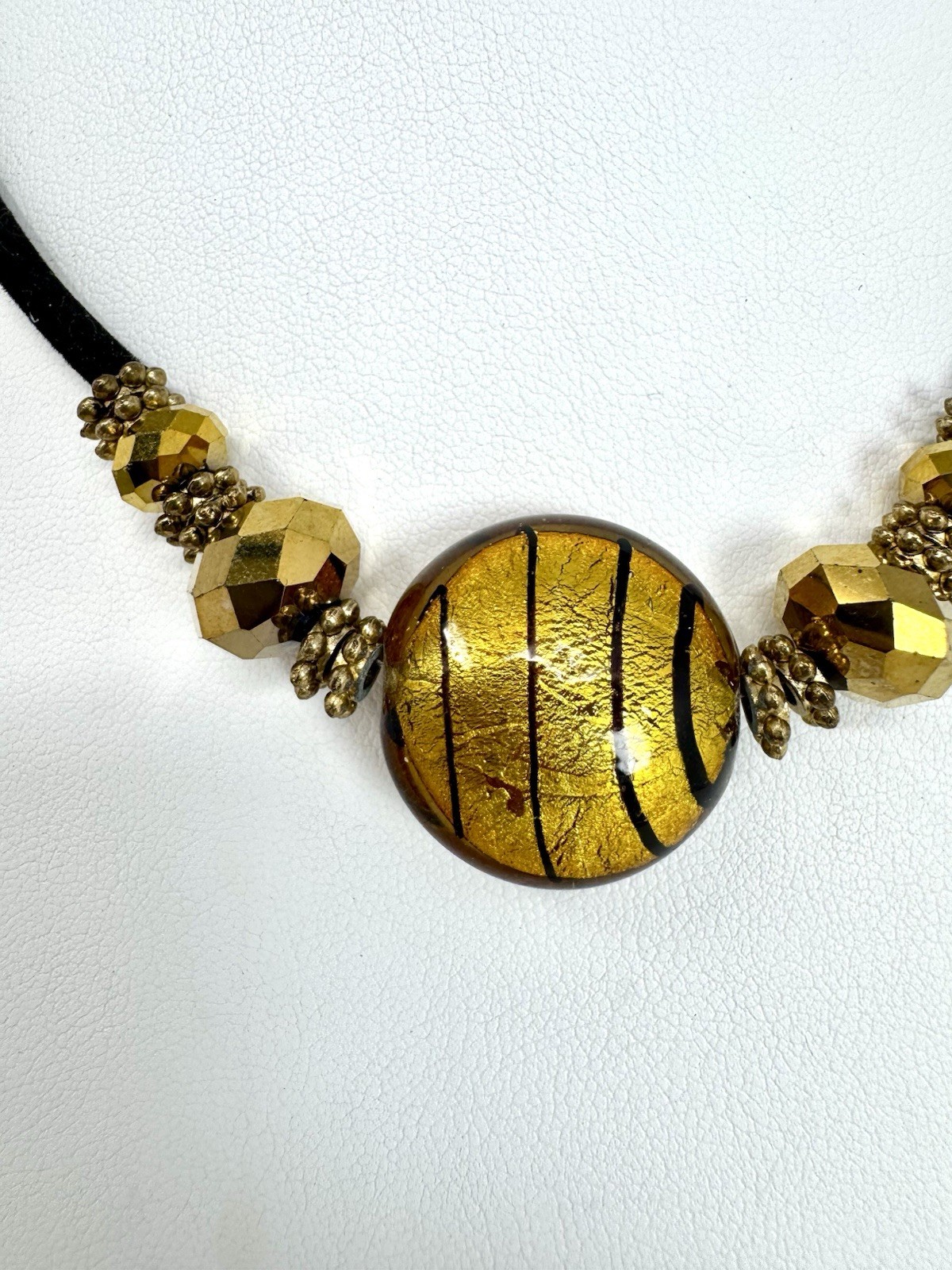 Artisan Murano Style Gold Foil Glass Bead Cord Necklace