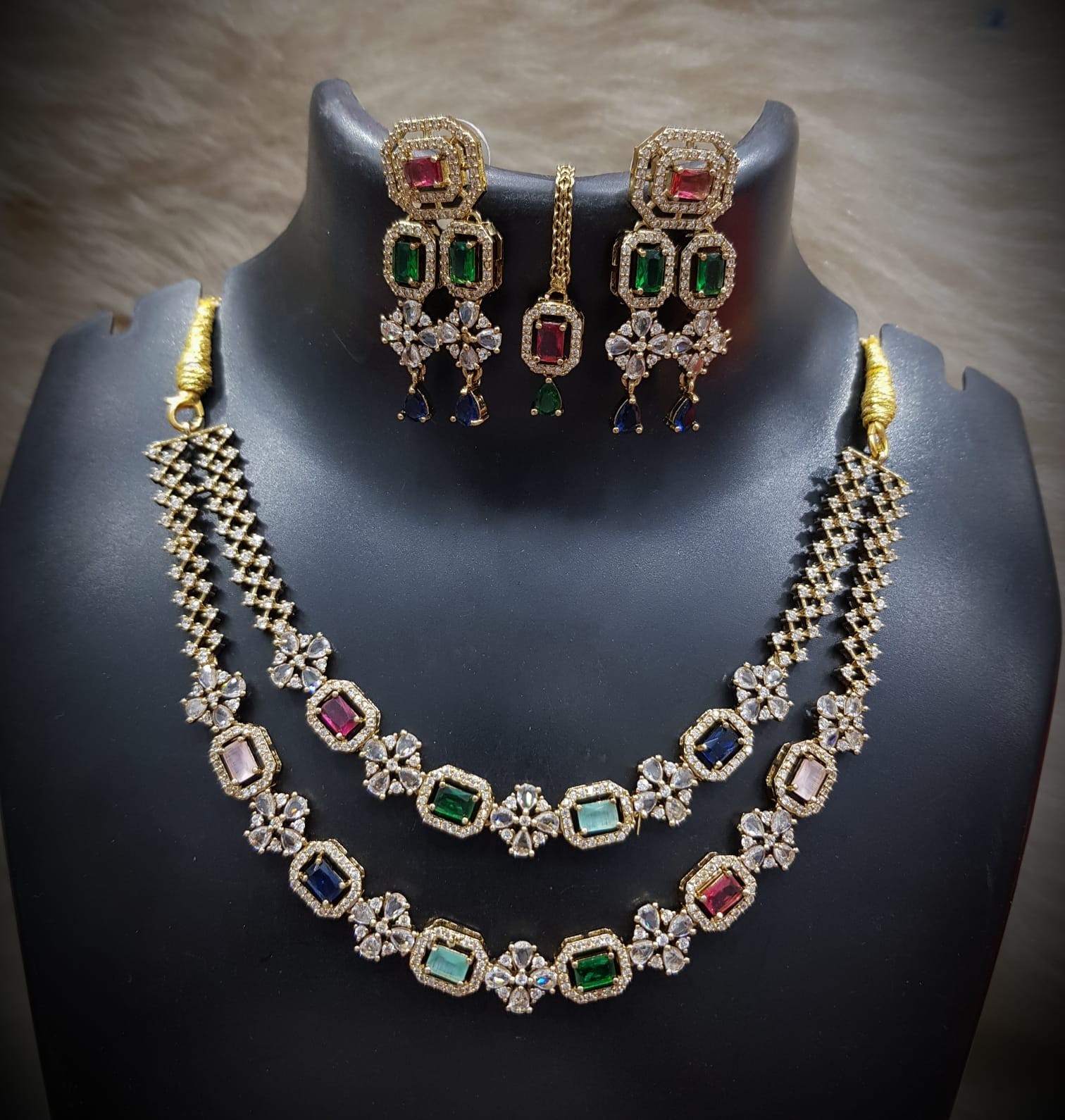 American Diamond CZ Necklace Set Gold Plated Indian Wedding Bridal Jewelry set