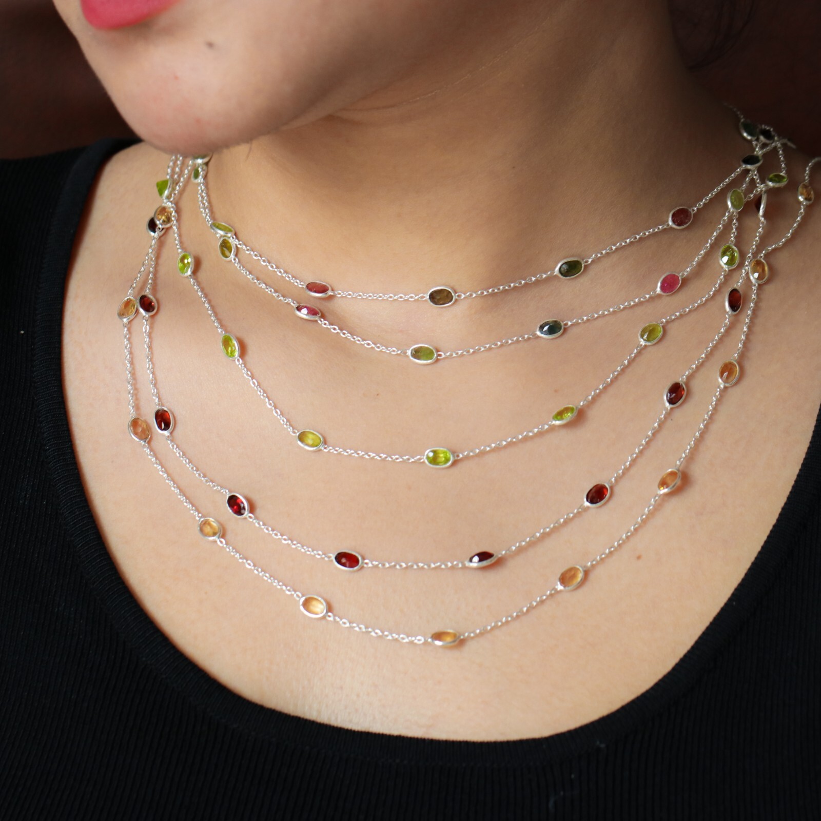 Multi-Color Tourmaline Bezel Set Station Necklace 925 Silver Summer Jewelry Gift