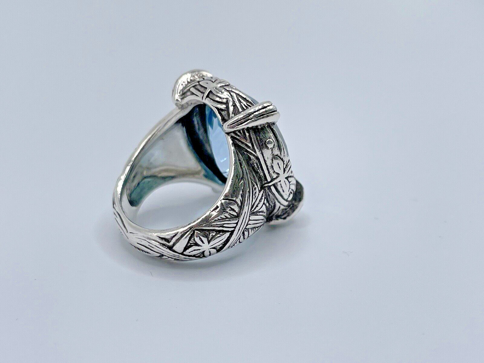 Stephen Dweck Faceted Blue Topaz Ring in Engraved Sterling Silver
