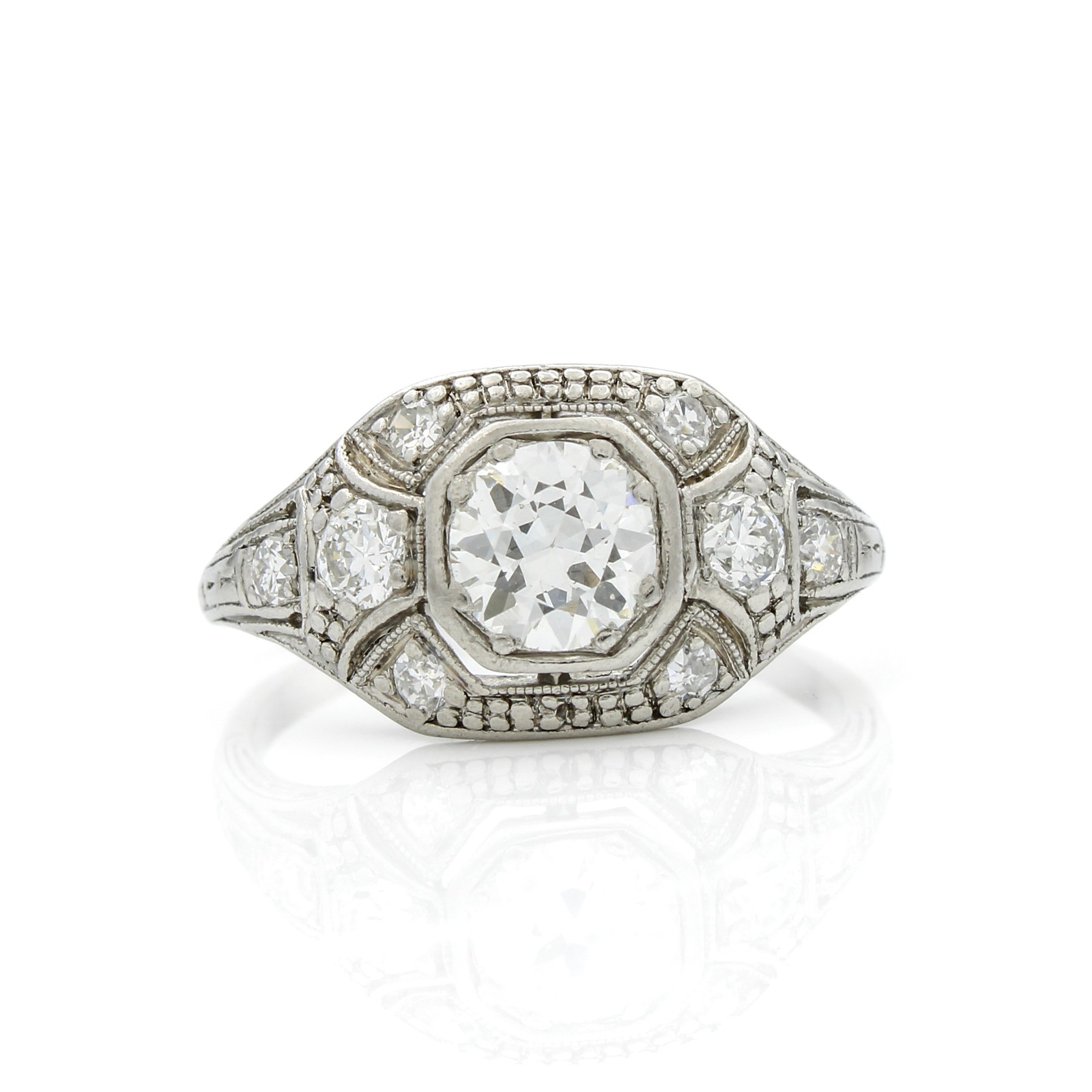 Art Deco Platinum 900 Die Struck Diamond Sz. 5 Ring #E96881-1