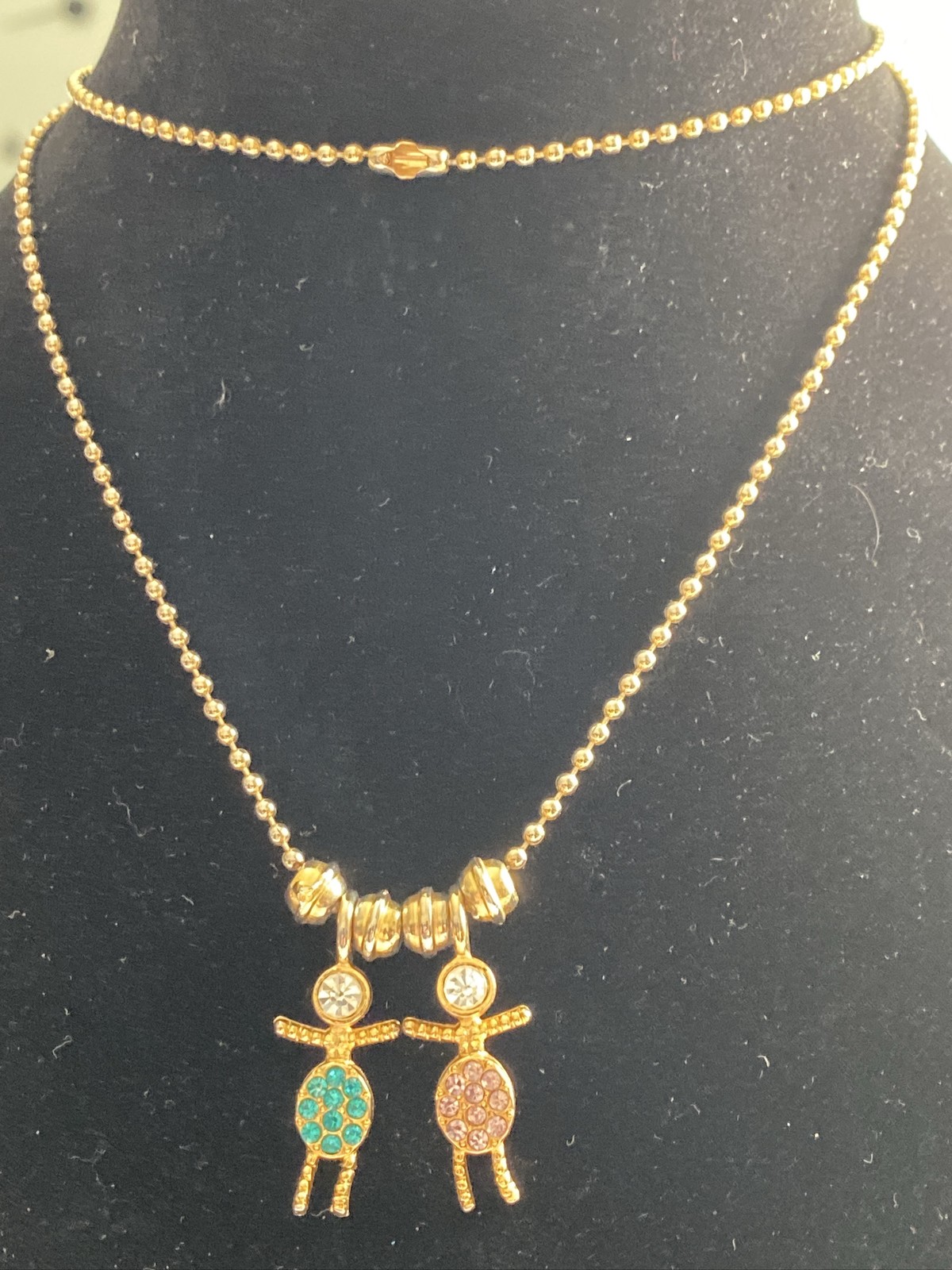 Little People Charm Necklace 32”Chain 16.04g GoldTone Birthstone Pink Green 25mm