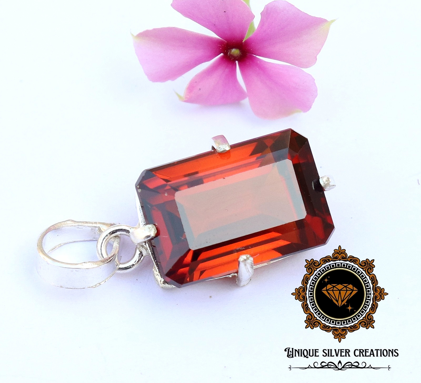 Natural Hessonite Garnet 925 Silver Pendant Certified Emerald Cut Loose Gemstone