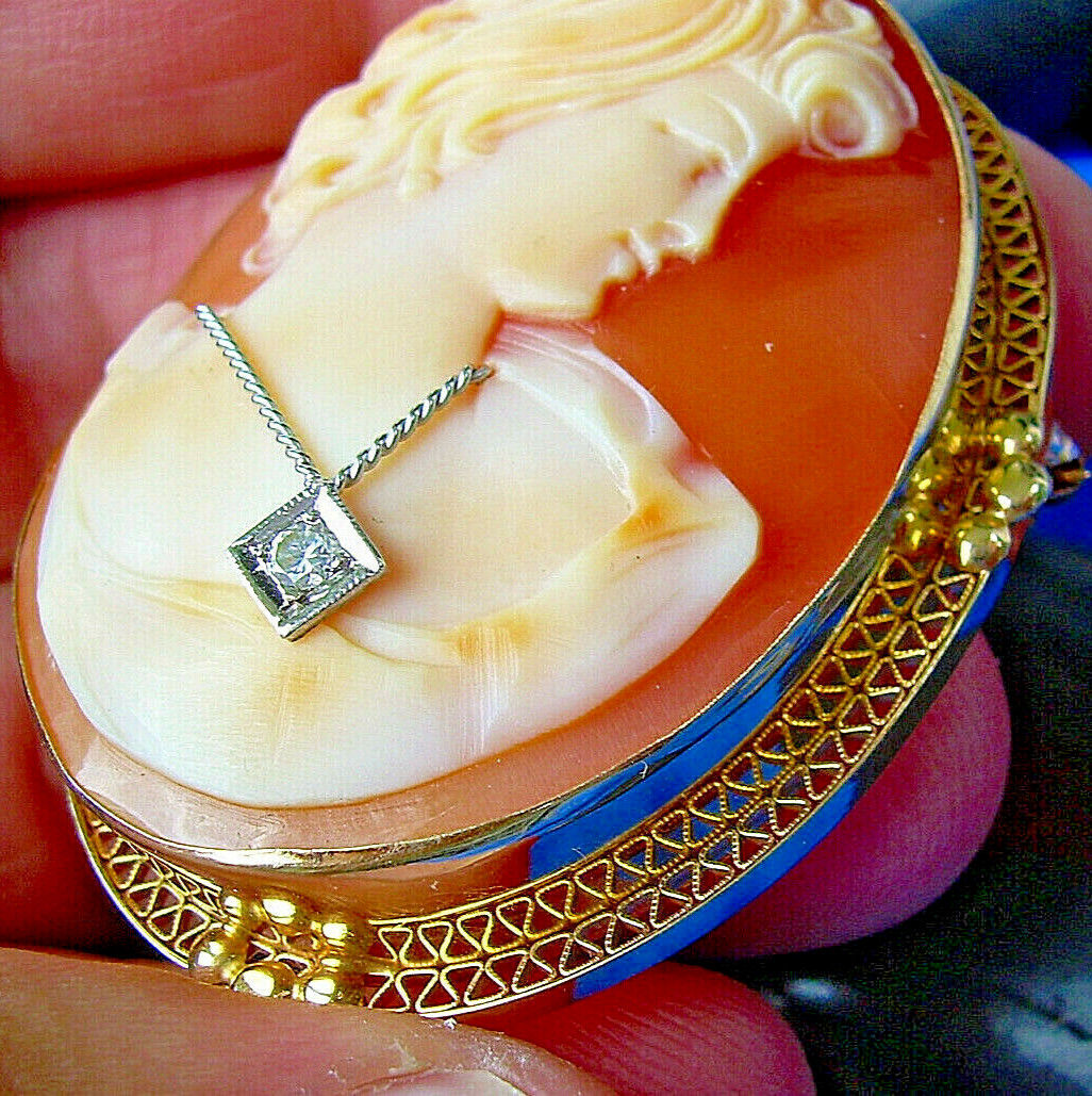 Original EARTH MINED DIAMOND Deco Antique Victorian SOLID 14K GOLD Cameo Broach