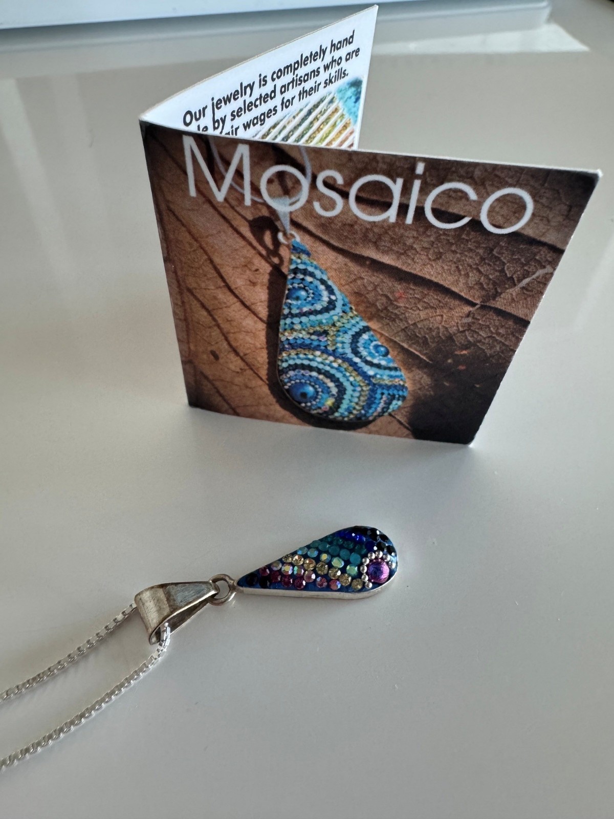 Mosaico Sterling Silver Mosaic Teardrop Pendant W/Chain- dichroic glass/crystal